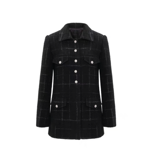 Concise-White Plaid Gold Buckle Long Waisted Wool Jacket