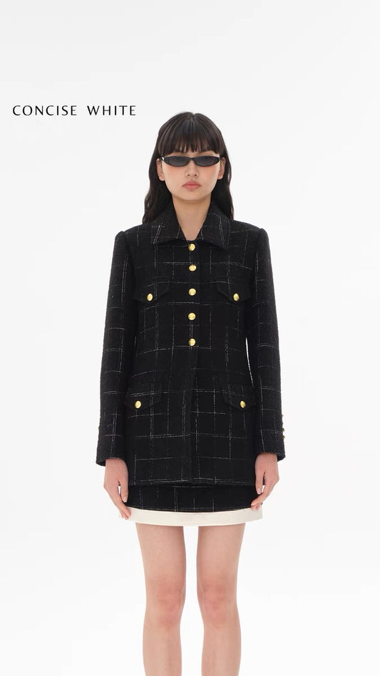 Concise-White Plaid Gold Buckle Long Waisted Wool Jacket