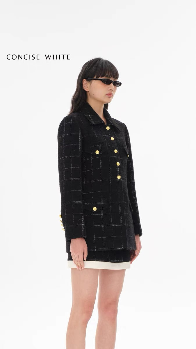 Concise-White Plaid Gold Buckle Long Waisted Wool Jacket