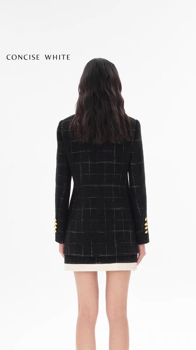 Concise-White Plaid Gold Buckle Long Waisted Wool Jacket