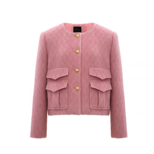 Concise-White Tweed Gold Buckle Pocket Short Jacket Pink