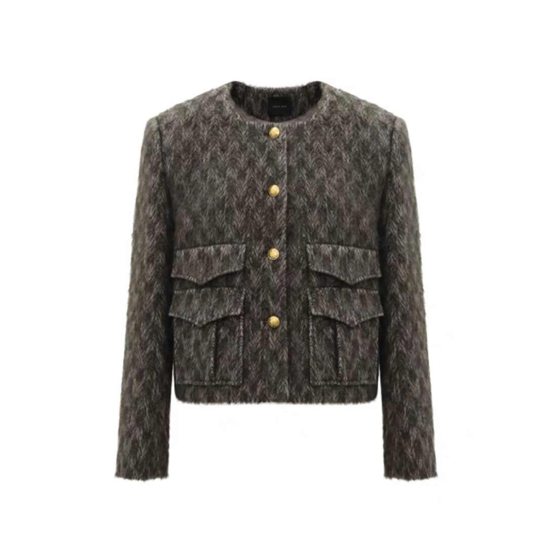 Concise-White Tweed Gold Buckle Pocket Short Jacket Green