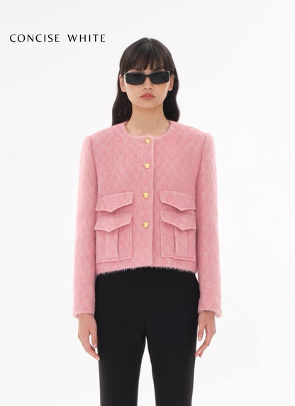 Concise-White Tweed Gold Buckle Pocket Short Jacket Pink