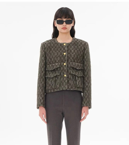 Concise-White Tweed Gold Buckle Pocket Short Jacket Green