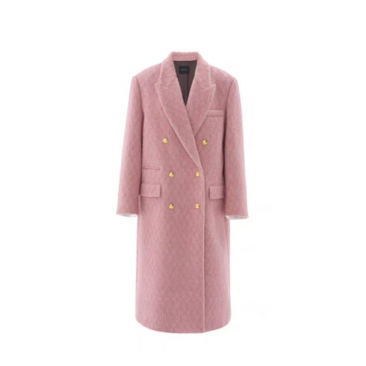 Concise-White Double-Breasted Gold Buckle Long Coat Pink