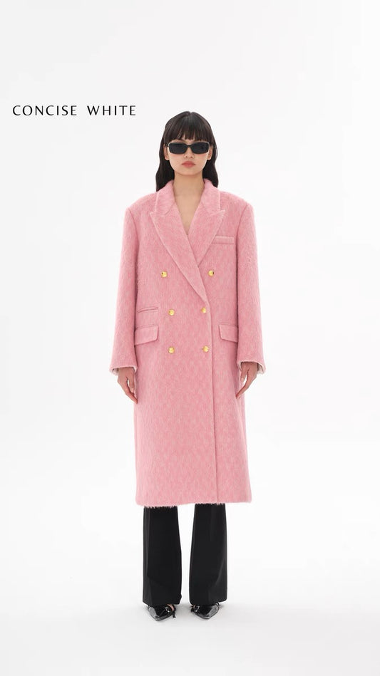 Concise-White Double-Breasted Gold Buckle Long Coat Pink