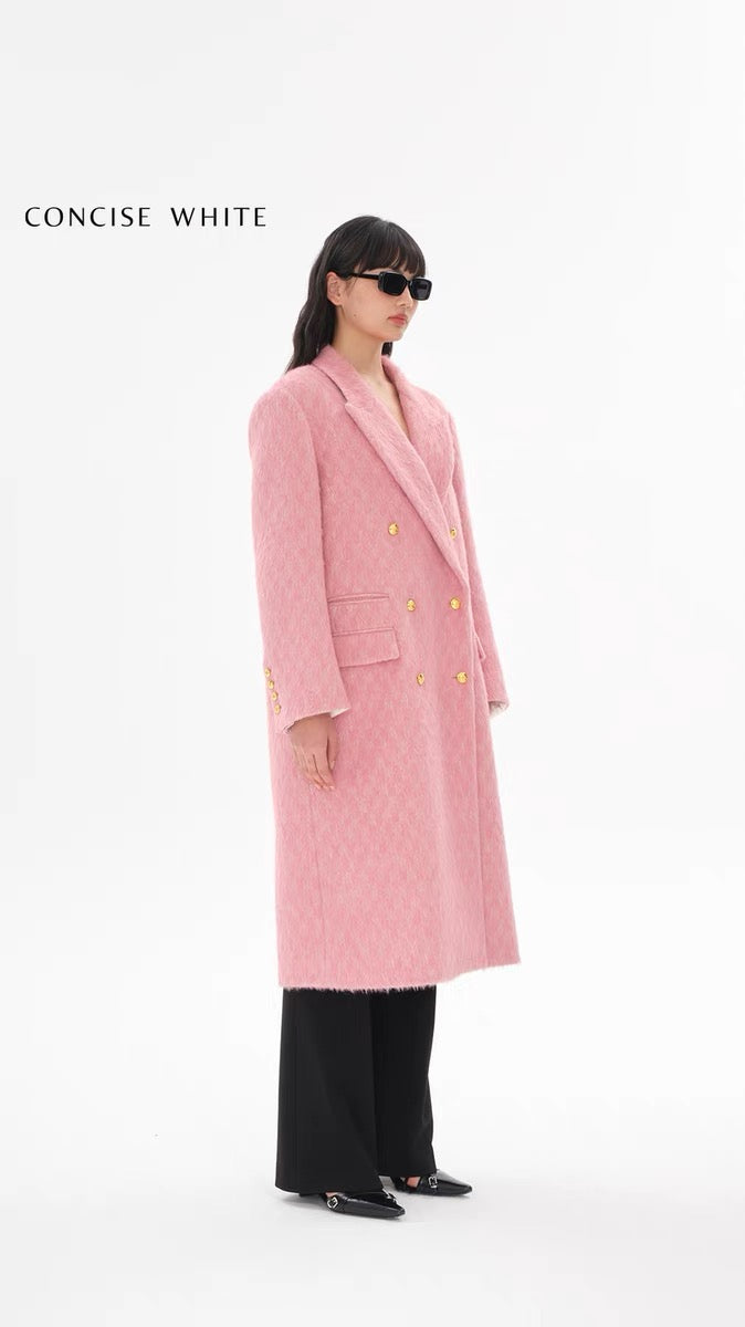 Concise-White Double-Breasted Gold Buckle Long Coat Pink