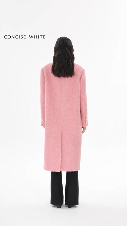 Concise-White Double-Breasted Gold Buckle Long Coat Pink