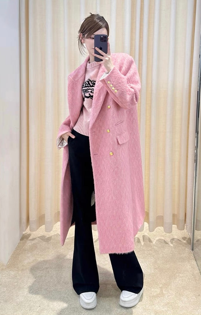 Concise-White Double-Breasted Gold Buckle Long Coat Pink