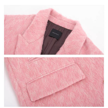 Concise-White Double-Breasted Gold Buckle Long Coat Pink