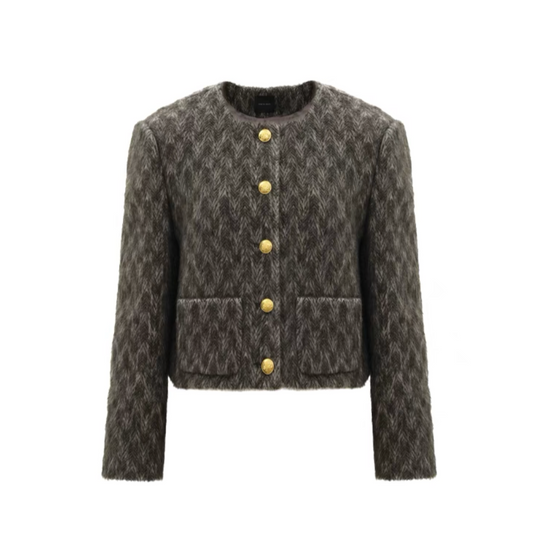 Concise-White Tweed Gold Buckle Crew Neck Jacket Green