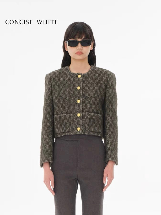 Concise-White Tweed Gold Buckle Crew Neck Jacket Green