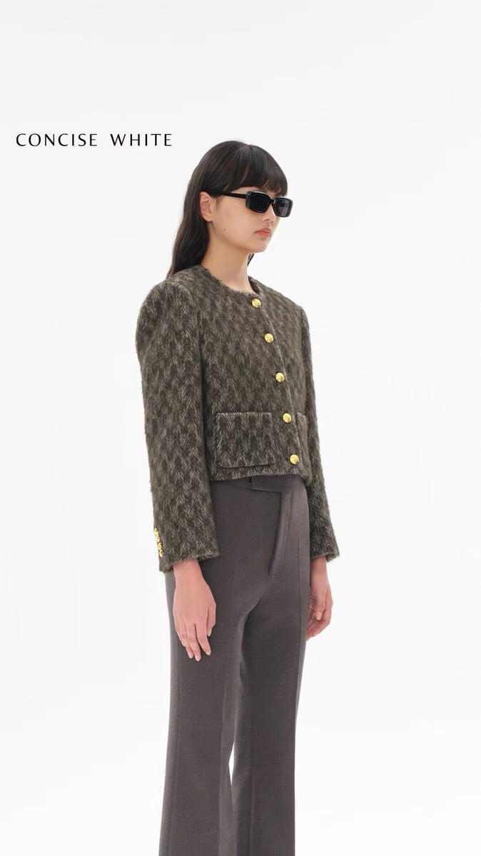 Concise-White Tweed Gold Buckle Crew Neck Jacket Green