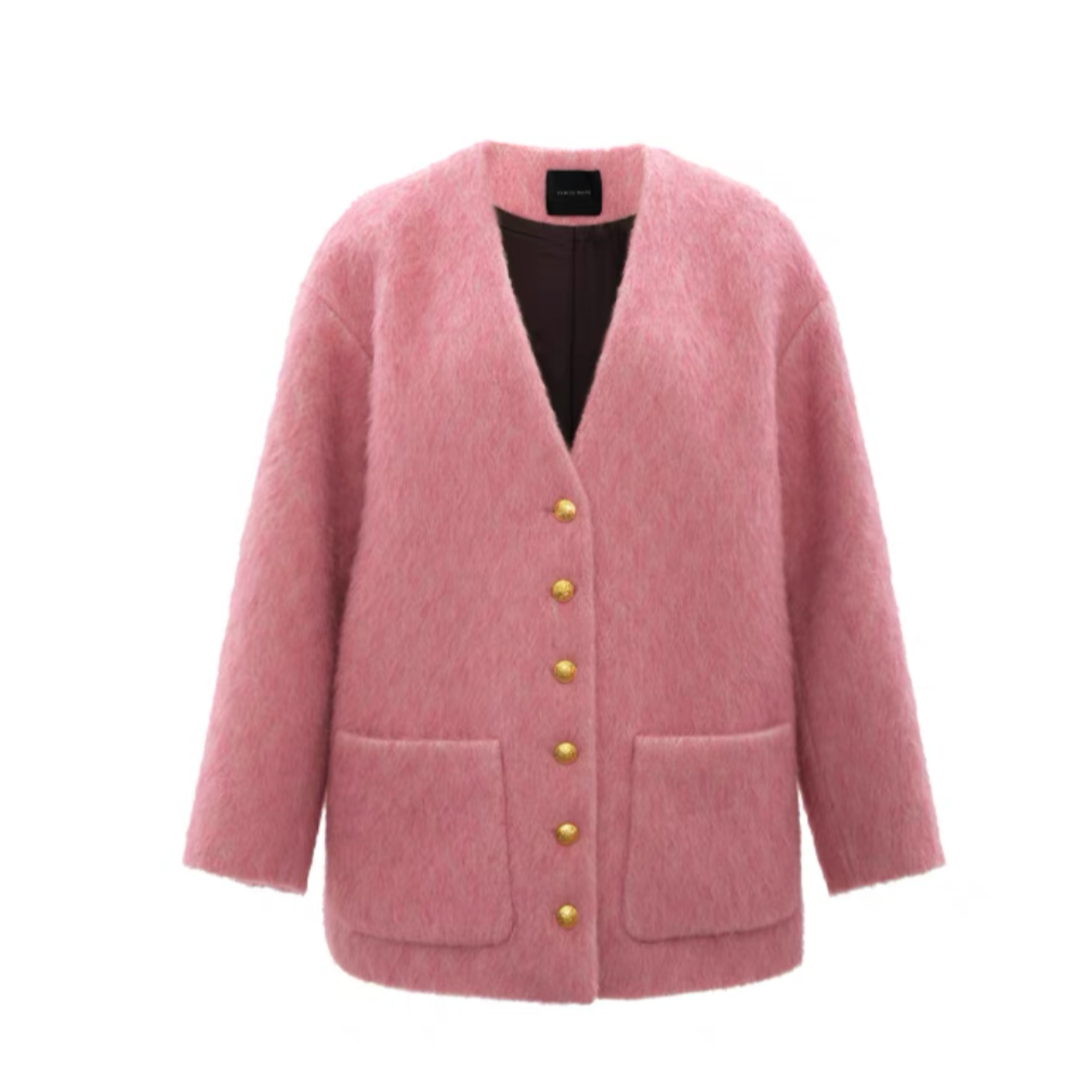 Concise-White Gold Buckle Pocket V-Neck Cardigan Pink