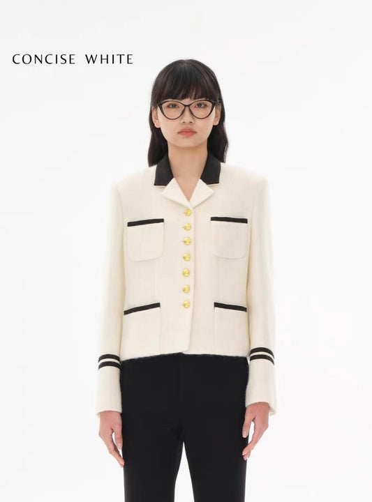 Concise-White Vintage Navy Gold Buckle Wool Jacket White