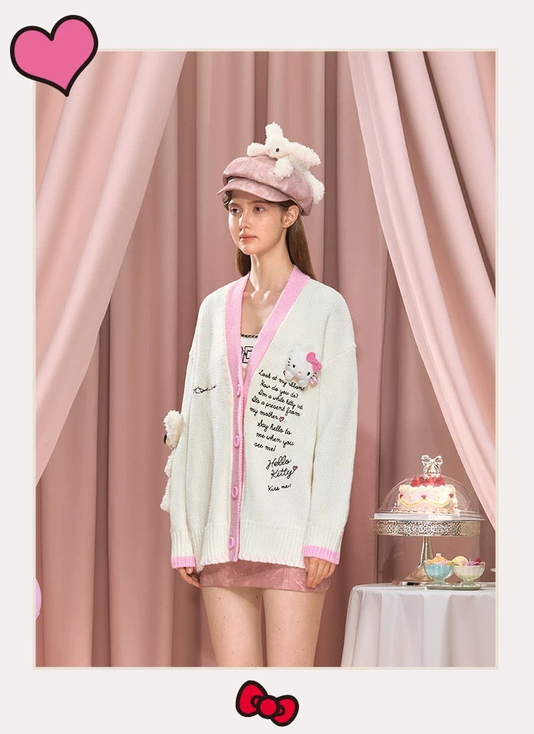 13DE MARZO Hello Kitty Bear Suture Cardigan White