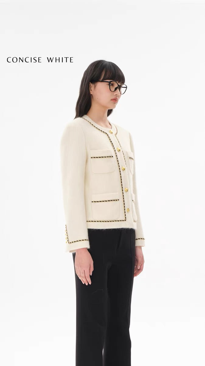 Concise-White Chain Crew Neck Wool Jacket White