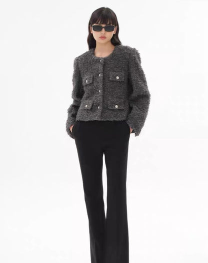 Concise-White Tweed Wool Short Jacket Dark Grey
