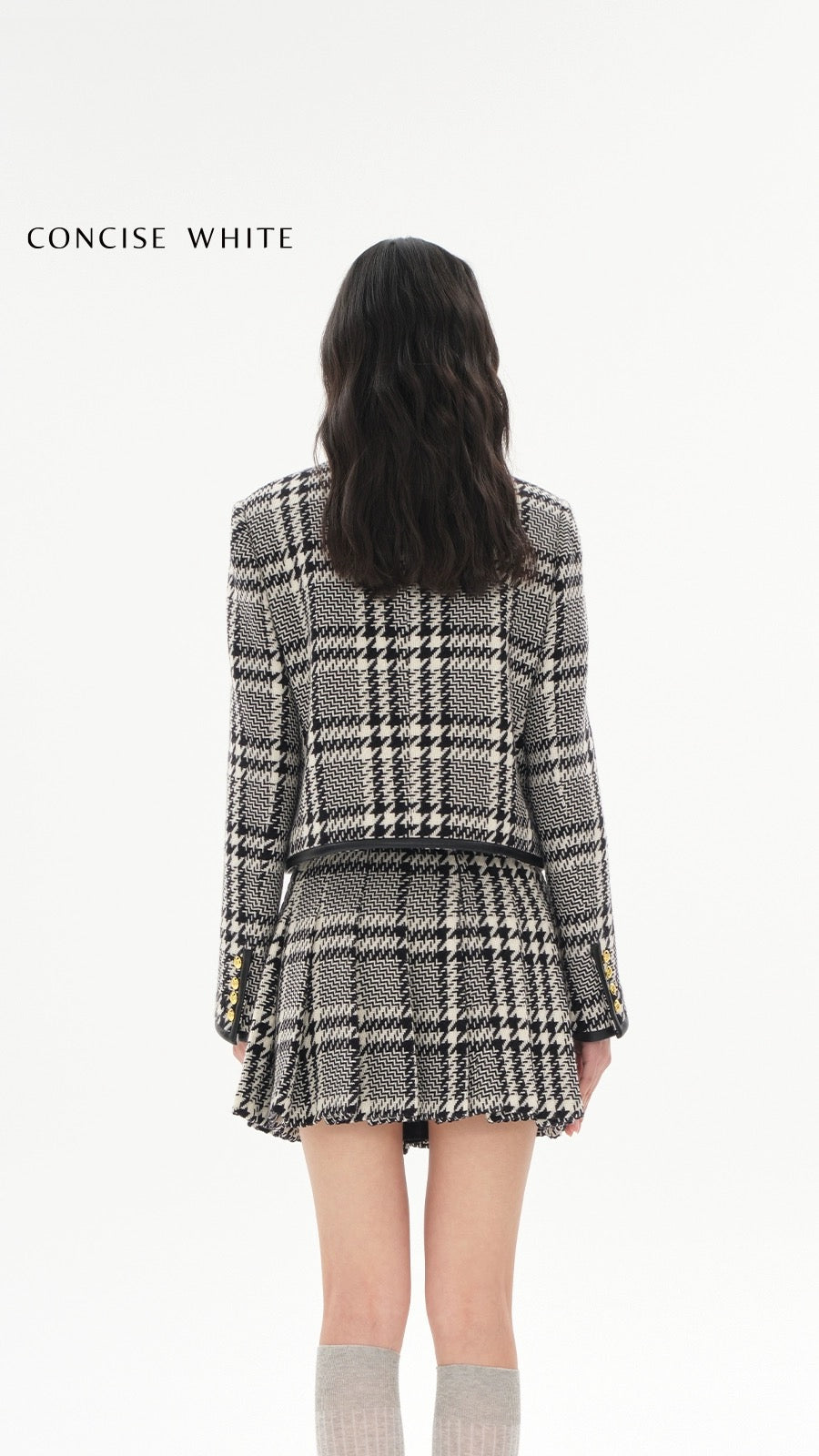Concise-White Houndstooth Crew Neck Wool Short Coat and Skirt Set
