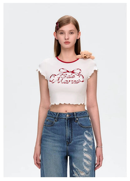 13DE MARZO Ribbon Collar Cropped Top