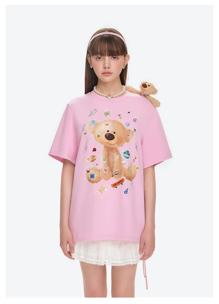 13DE MARZO Bear Stickers T-Shirt Pink