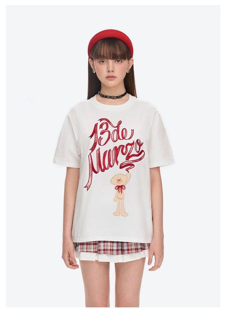 13DE MARZO Doozoo Checked Ribbon T-Shirt White