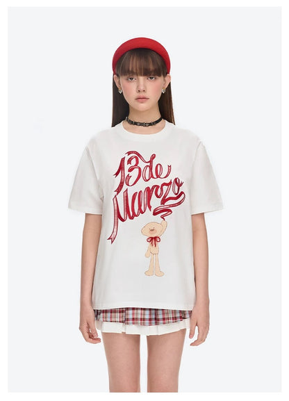13DE MARZO Doozoo Checked Ribbon T-Shirt White