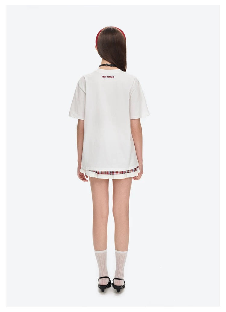 13DE MARZO Doozoo Checked Ribbon T-Shirt White