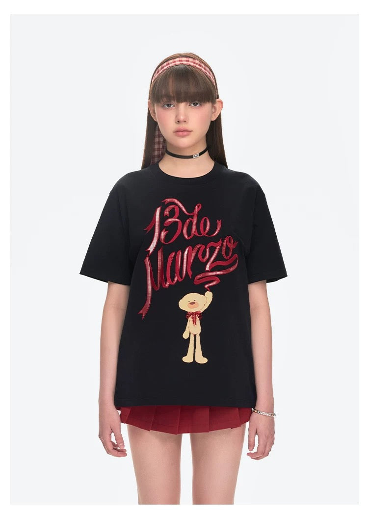 13DE MARZO Doozoo Checked Ribbon T-Shirt Black