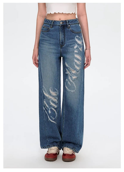 13DE MARZO Distressed Logo Decorated Jeans Blue