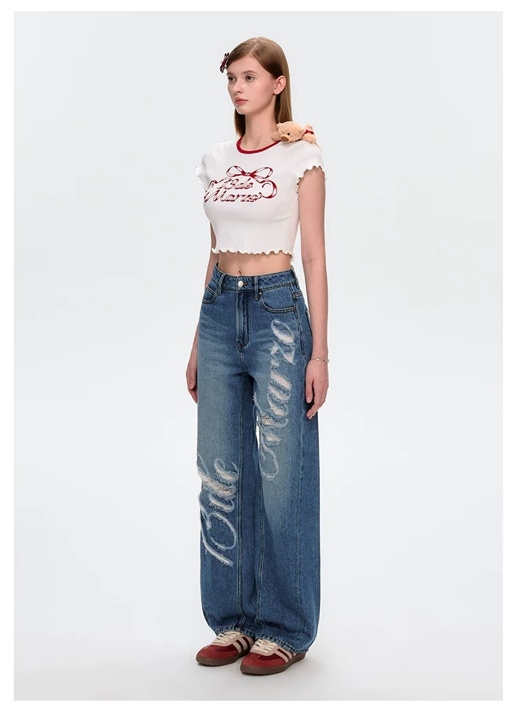 13DE MARZO Distressed Logo Decorated Jeans Blue