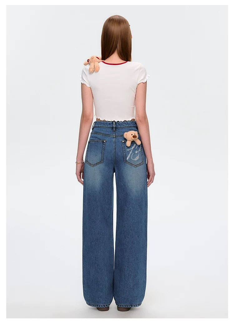 13DE MARZO Distressed Logo Decorated Jeans Blue