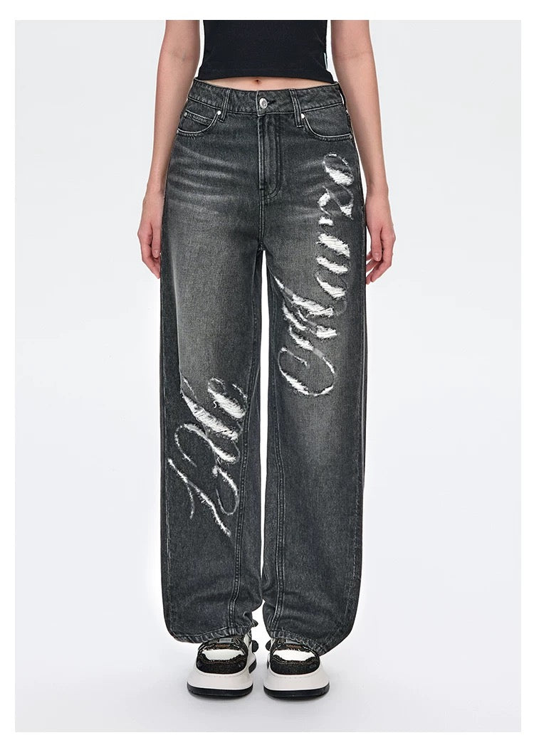 13DE MARZO Distressed Logo Decorated Jeans Black