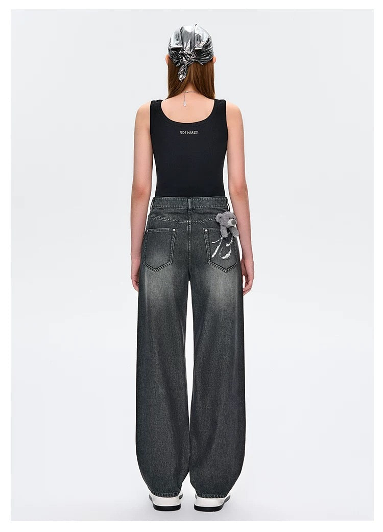 13DE MARZO Distressed Logo Decorated Jeans Black