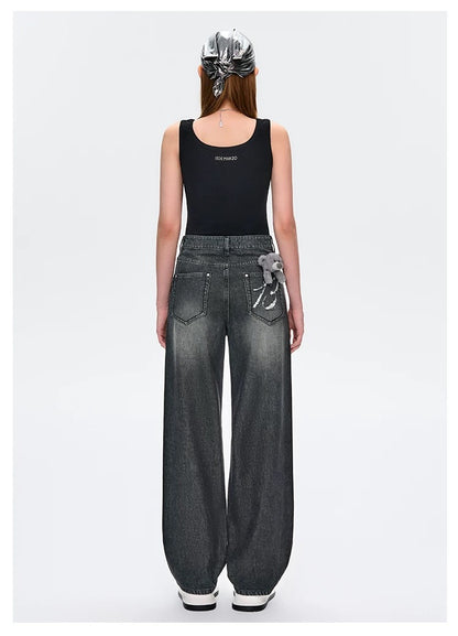 13DE MARZO Distressed Logo Decorated Jeans Black