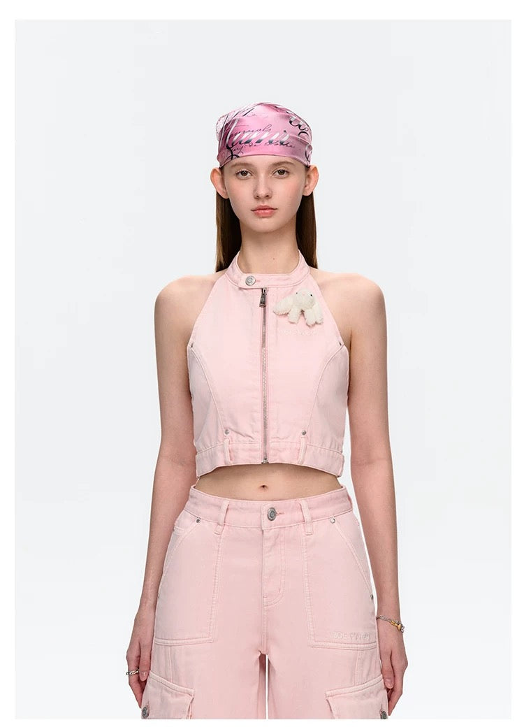 13DE MARZO Halter Denim Top Pink