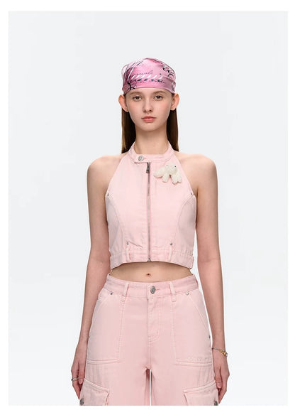 13DE MARZO Halter Denim Top Pink