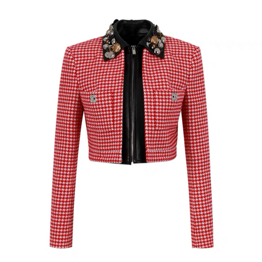 Calvin Luo Decorative Button PU Collar Houndstooth Short Jacket Red