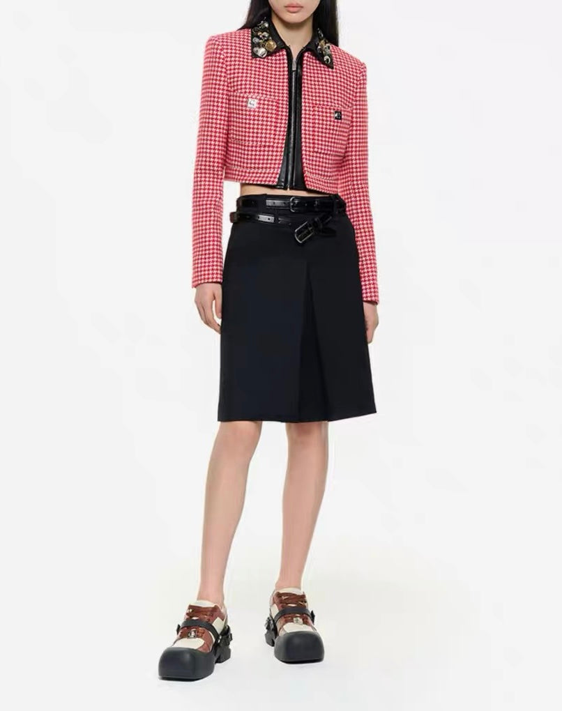 Calvin Luo Decorative Button PU Collar Houndstooth Short Jacket Red