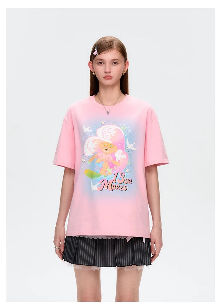 13DE MARZO Island Style Surfing Bear T-Shirt Pink
