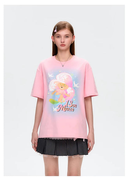 13DE MARZO Island Style Surfing Bear T-Shirt Pink