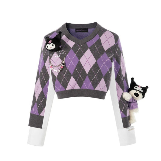 13DE MARZO Kuromi Bear Diamond Check Sweater Sheer Lilac