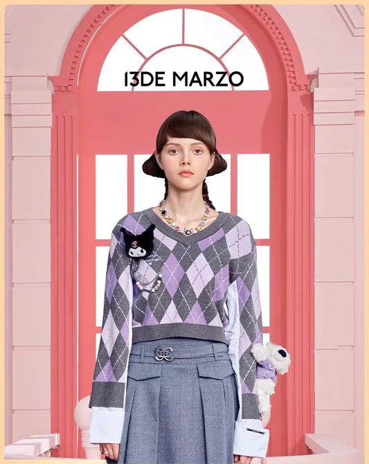 13DE MARZO Kuromi Bear Diamond Check Sweater Sheer Lilac