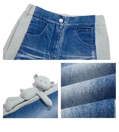 13DE MARZO Bear Denim Patched Sweatpants Grey