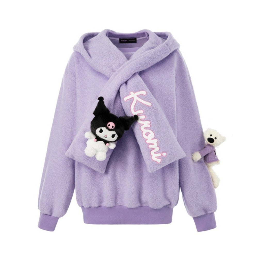 13DE MARZO Kuromi Bear Scarf Fleece Hoodie Thistle