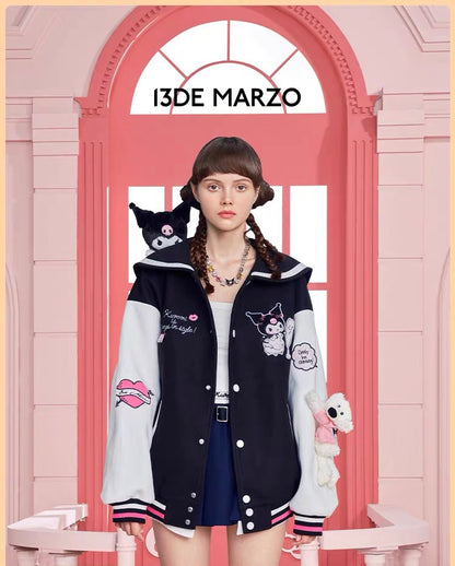 13DE MARZO Kuromi Bear Sailor Baseball Jacket Caviar