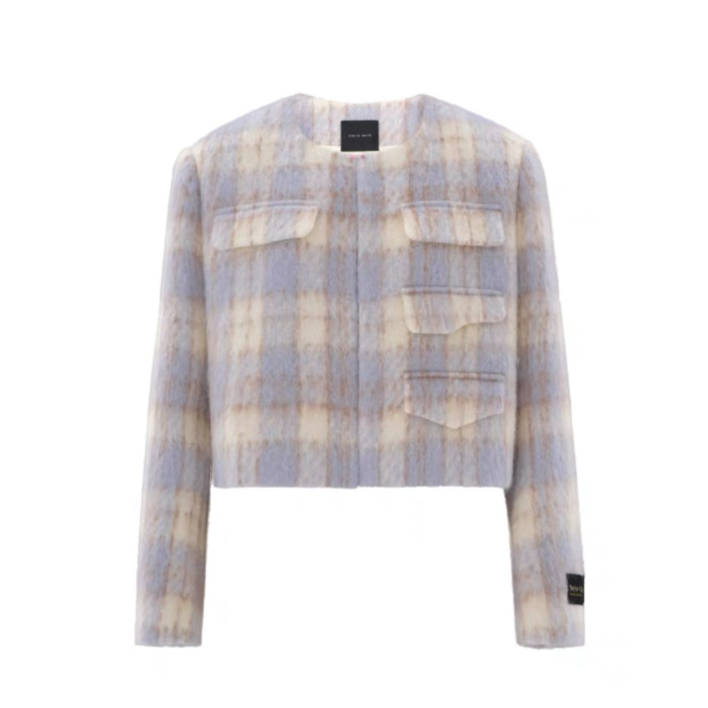 Concise-White Tweed Mohair Short Jacket Plaid Blue