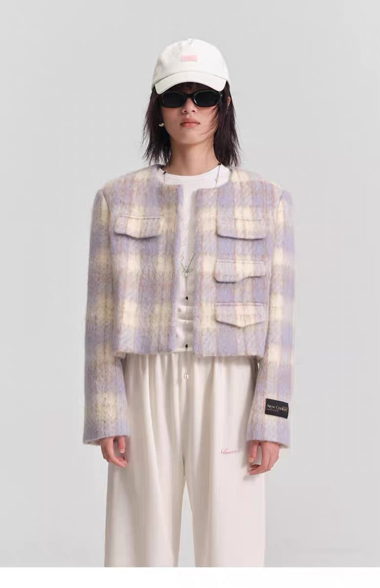 Concise-White Tweed Mohair Short Jacket Plaid Blue