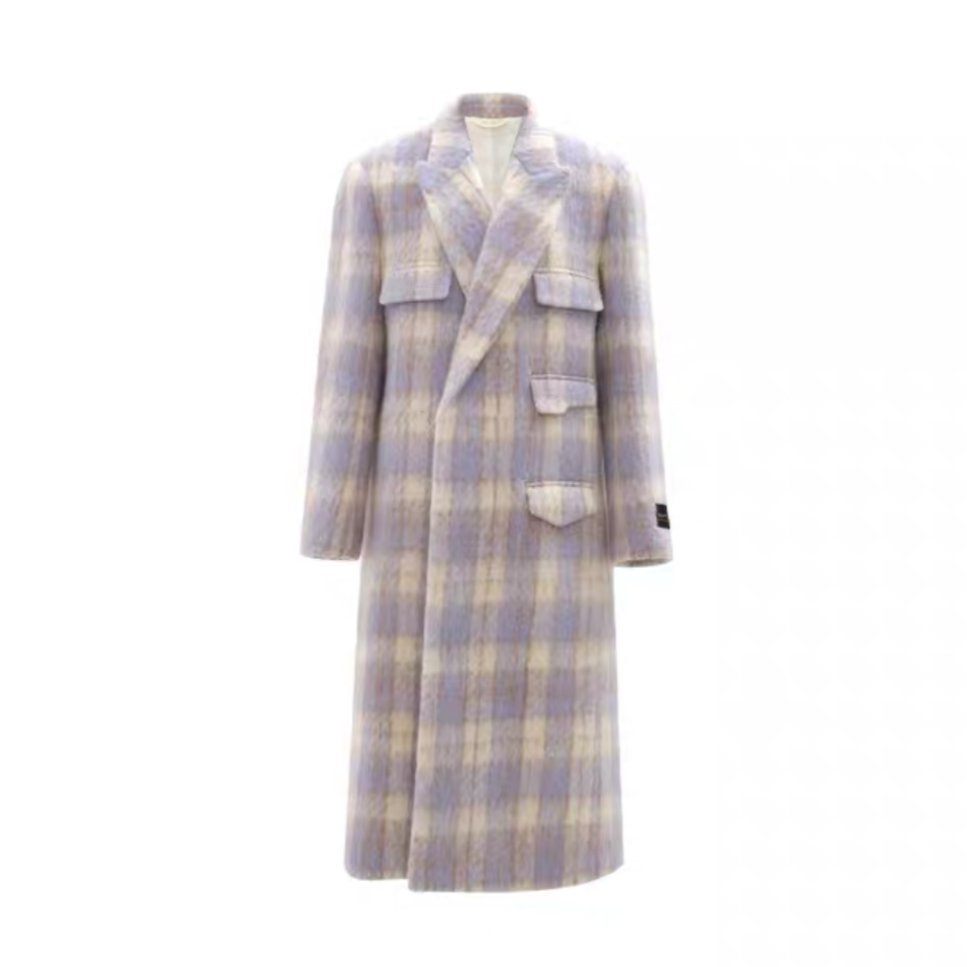 Concise-White Tweed Mohair Long Coat Plaid Blue