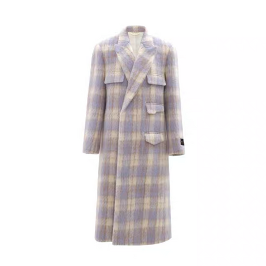 Concise-White Tweed Mohair Long Coat Plaid Blue